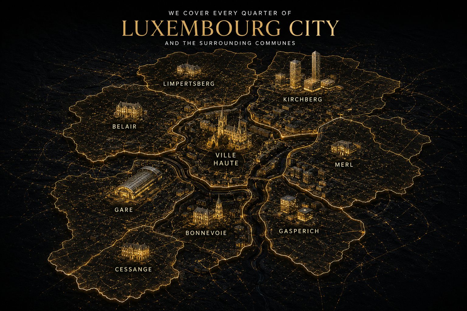 Luxembourg City district map — Kirchberg, Limpertsberg, Belair, Ville Haute, Gare, Gasperich, Bonnevoie, Merl, Cessange